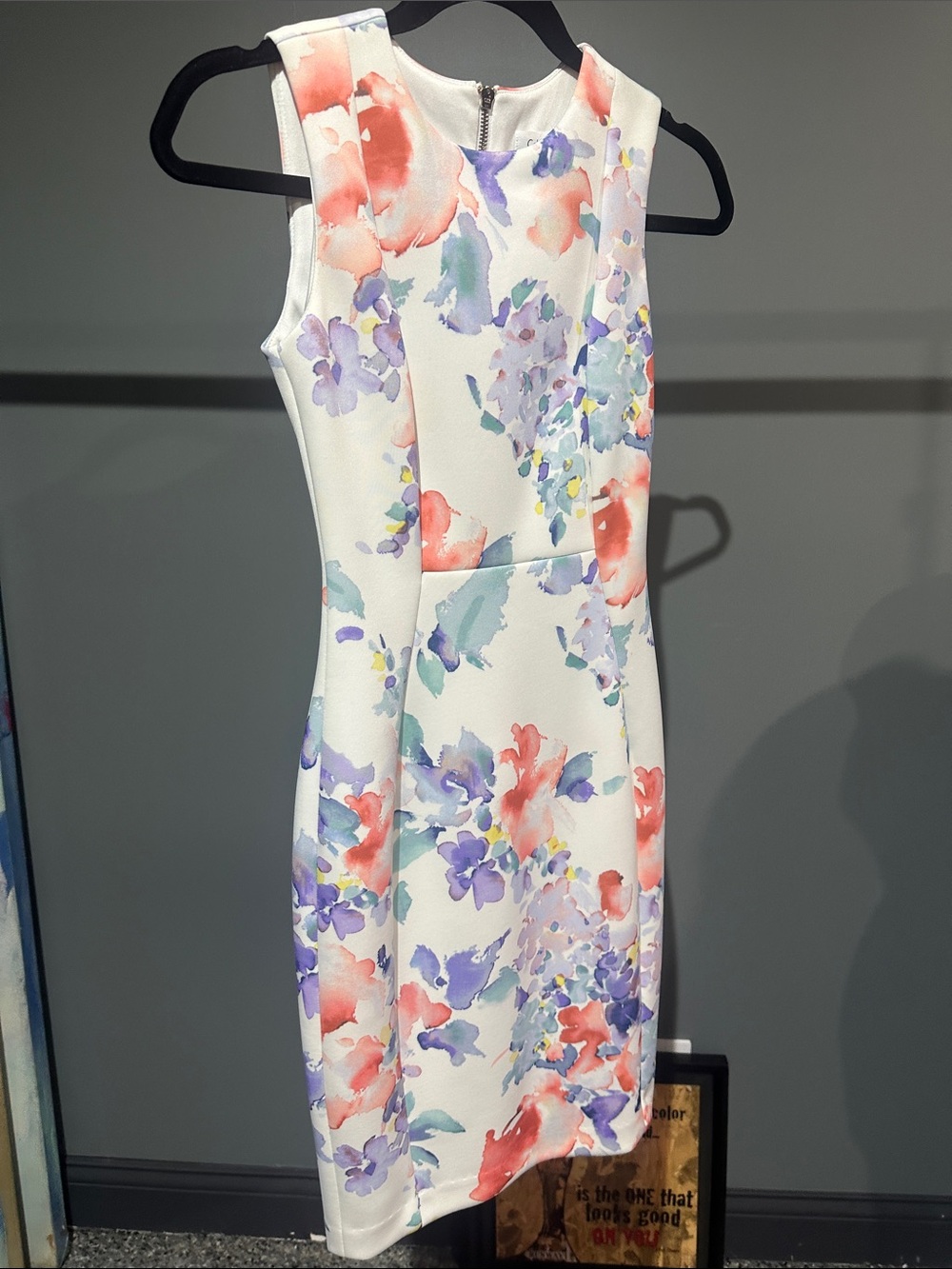 Calvin Klein White Sheath Dress with Coral & Lavender Floral Print